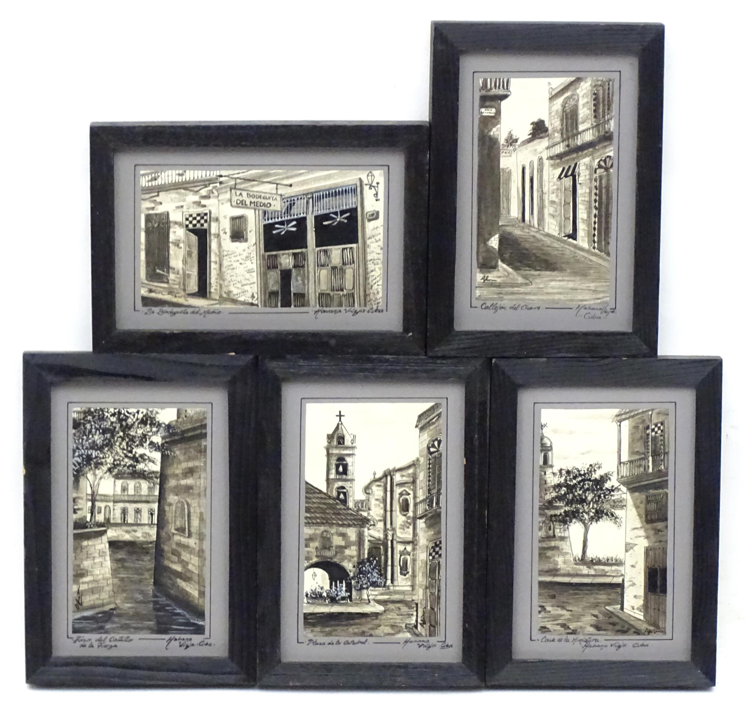 20th century, Five ink sketches depicting street scenes in Habana Vieja, Cuba, to include Casa de la