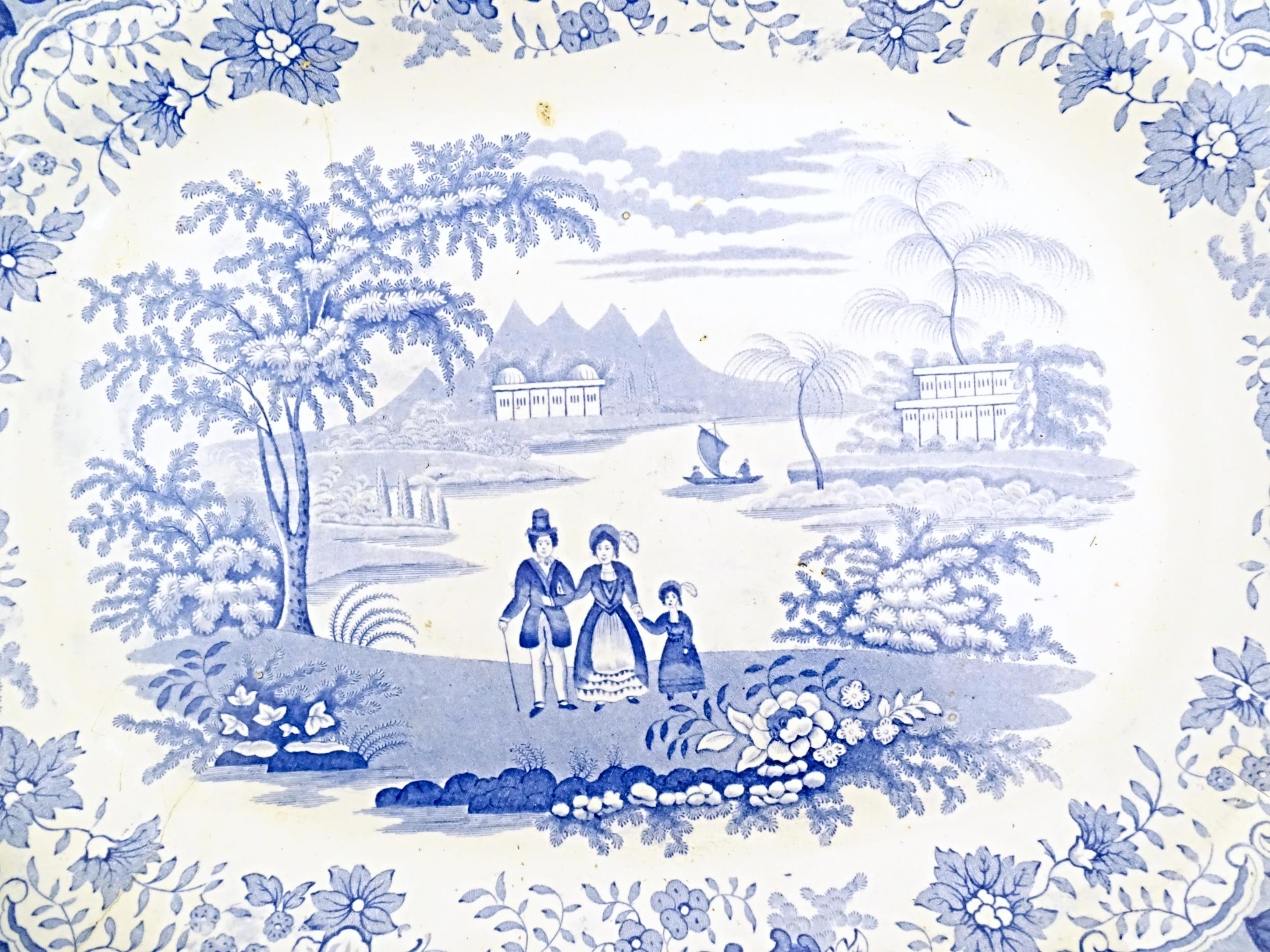 A Victorian blue and white meat plate decorated in the Eton College pattern. Together with a brown - Image 6 of 6