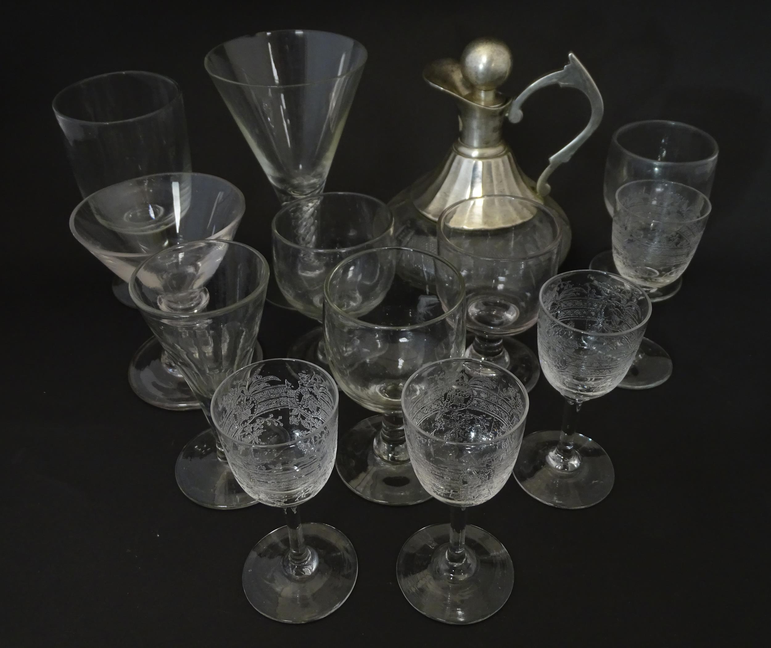 A quantity of assorted 19thC and later drinking glasses together with a jug approx 6 1/2" high .(14)