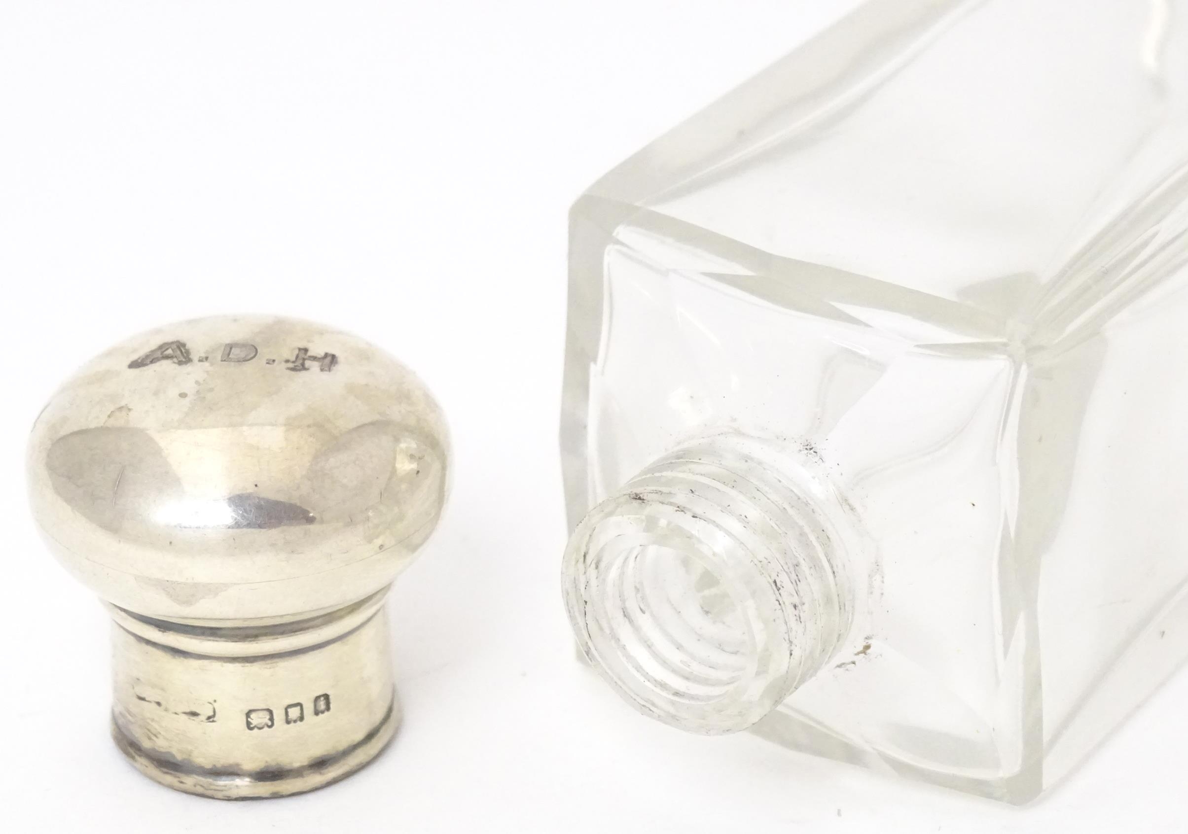 A glass dressing table jar of squared form with silver lid hallmarked London 1924. Approx. 5 1/4" - Image 6 of 6