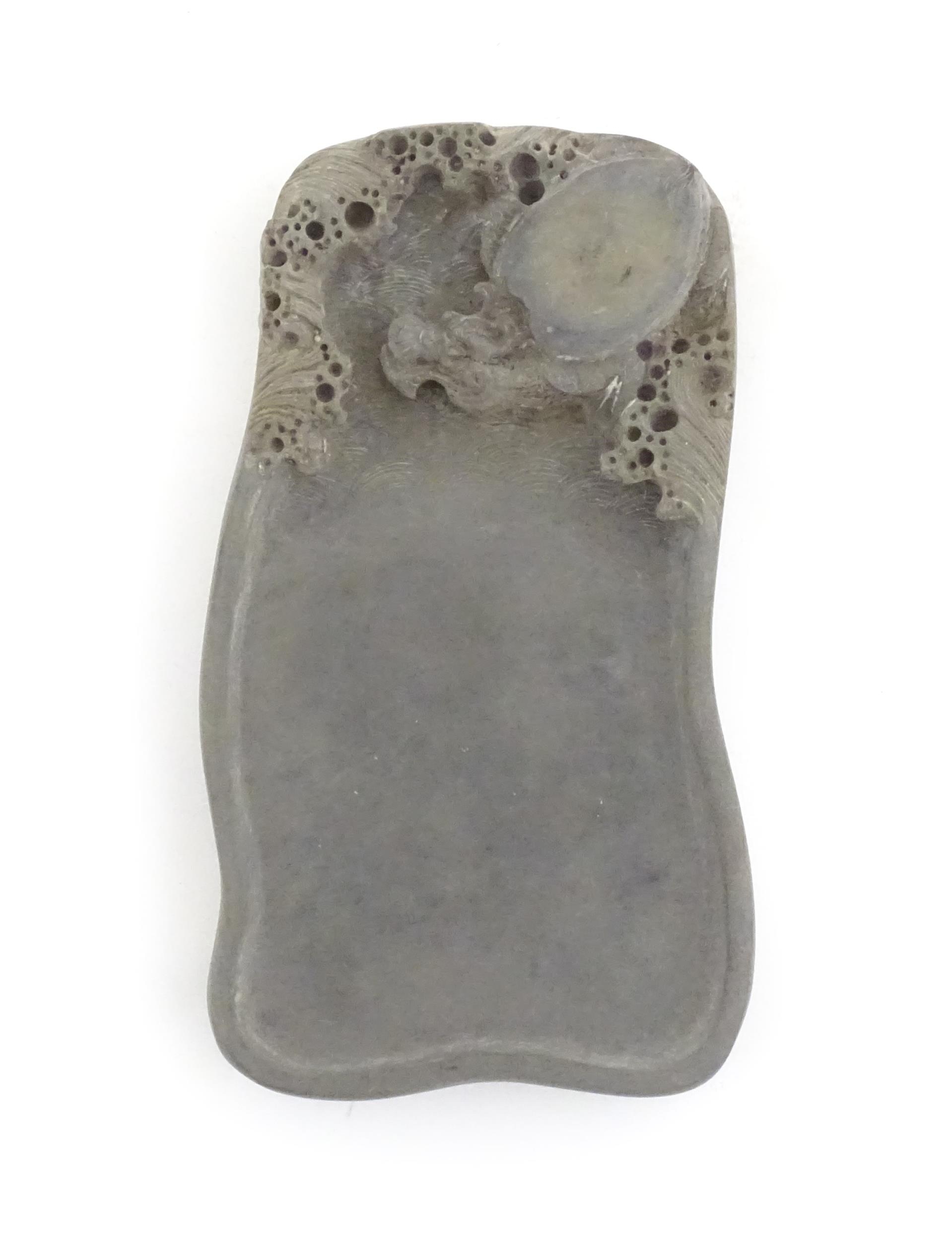 A Chinese soapstone inkstone with carved stylised turtle and waves to well. Within a fitted wooden - Image 8 of 9