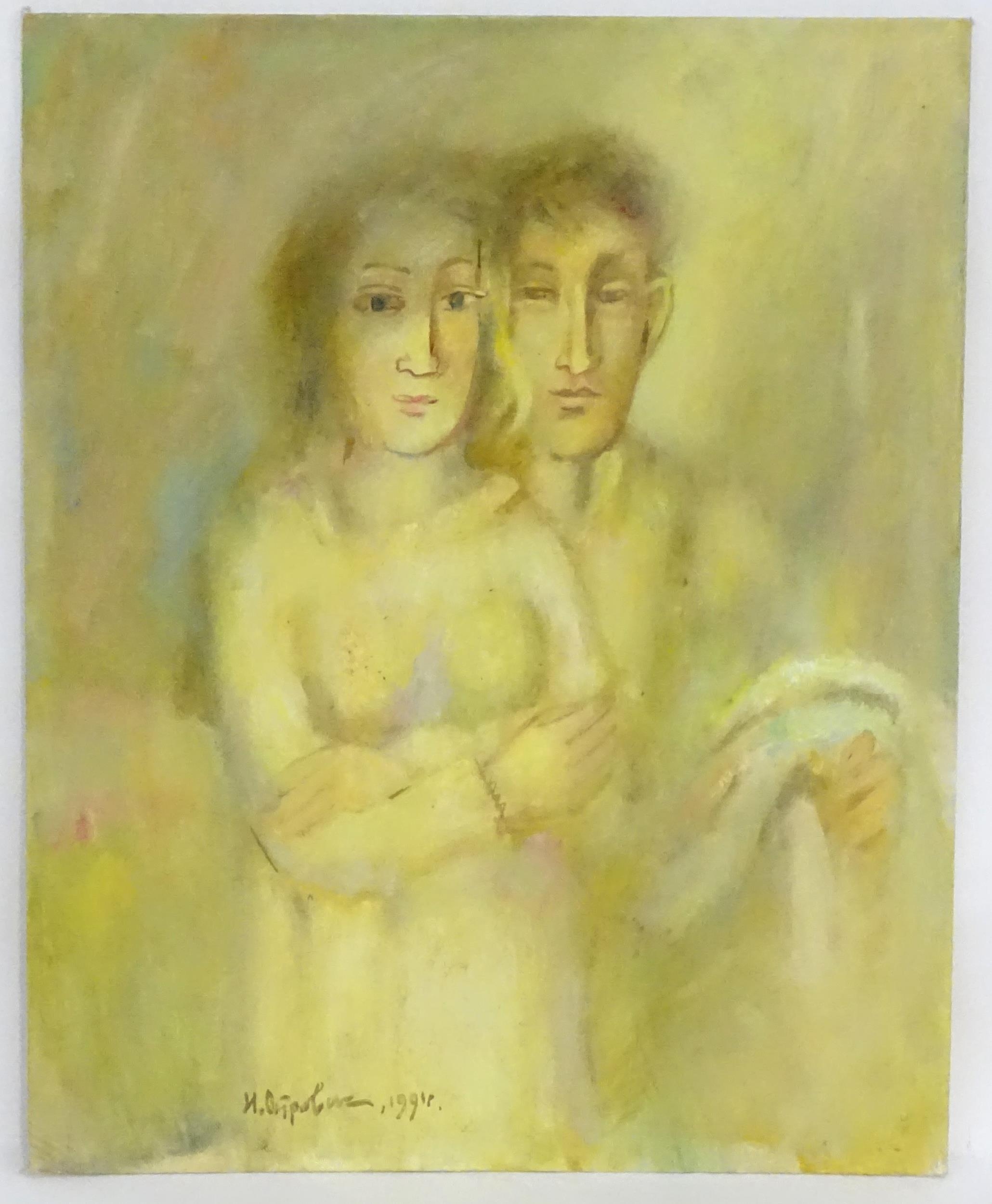 20th century, Oil on canvas board, A portrait of a young couple. Signed in Cyrillic and dated 1991 - Image 3 of 4