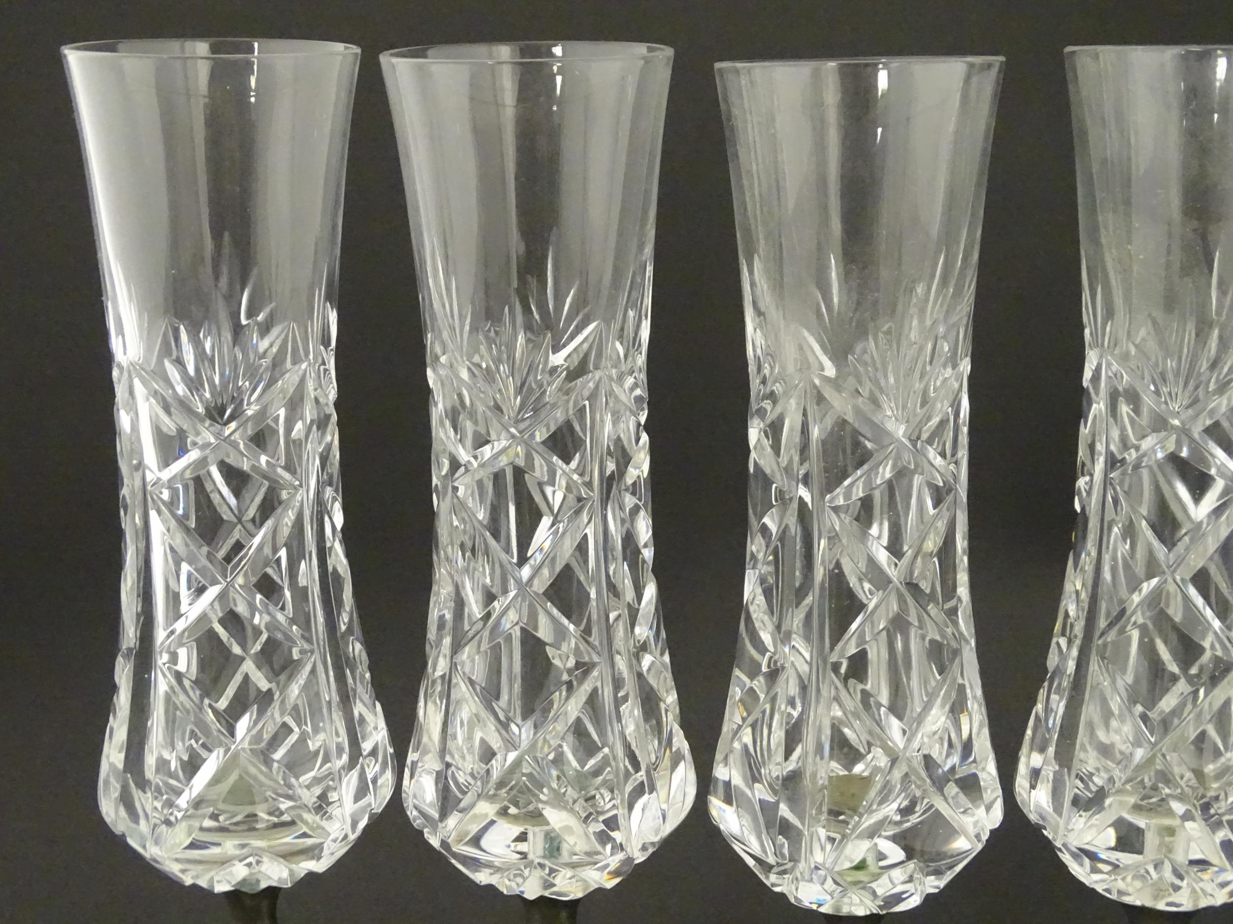 A set of six Italian cut glass champagne flutes raised on pewter stem and foot. Approx 11" high ( - Image 4 of 8