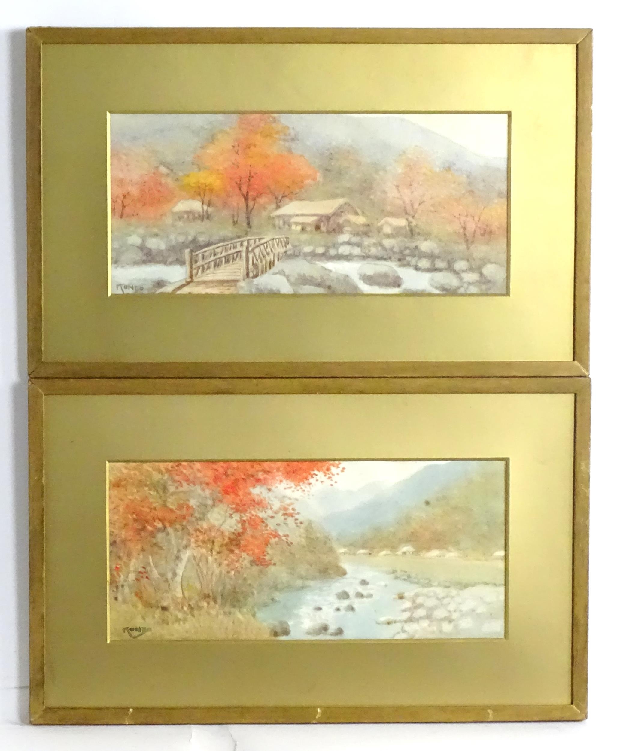 Kondo, 20th century, Japanese School, Watercolours, A pair of river scenes with autumnal trees,