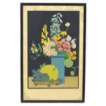 John Hall Thorpe (1874-1947), Woodcut print, A still life study with flowers in a vase and a bowl of