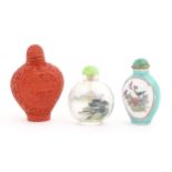 Three Chinese snuff bottles to include a glass example with hand painted landscape detail. Largest