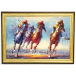 Wen, Late 20th century, Oil on canvas, Race Horses, Four racing horses and jockeys on the