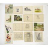 A quantity of early 20thC drawings and watercolours, to include a country village scene signed F.