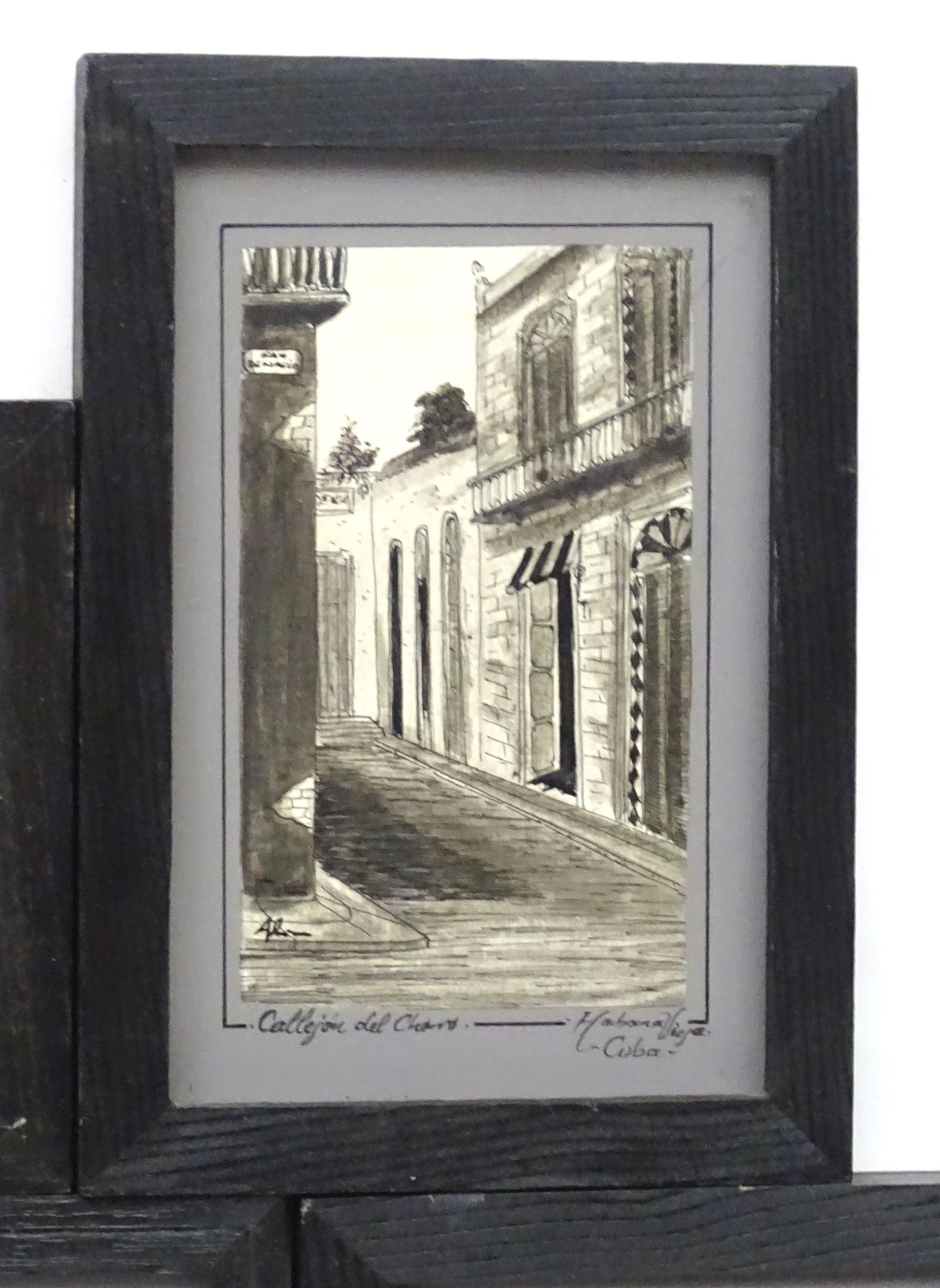 20th century, Five ink sketches depicting street scenes in Habana Vieja, Cuba, to include Casa de la - Image 6 of 7