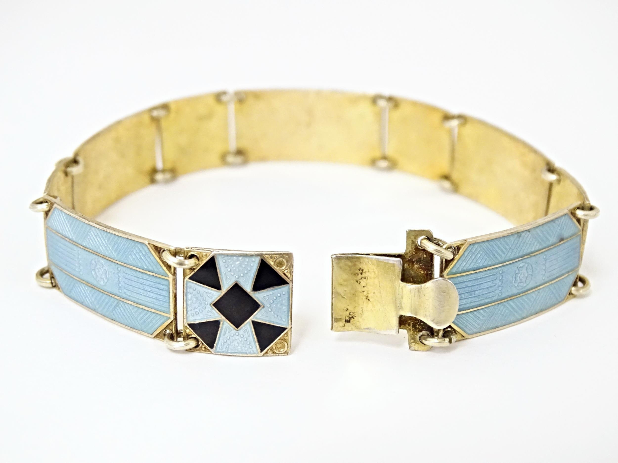 Scandinavian jewellery: A Swedish silver gilt bracelet with pale blue and black guilloche enamel - Image 7 of 7
