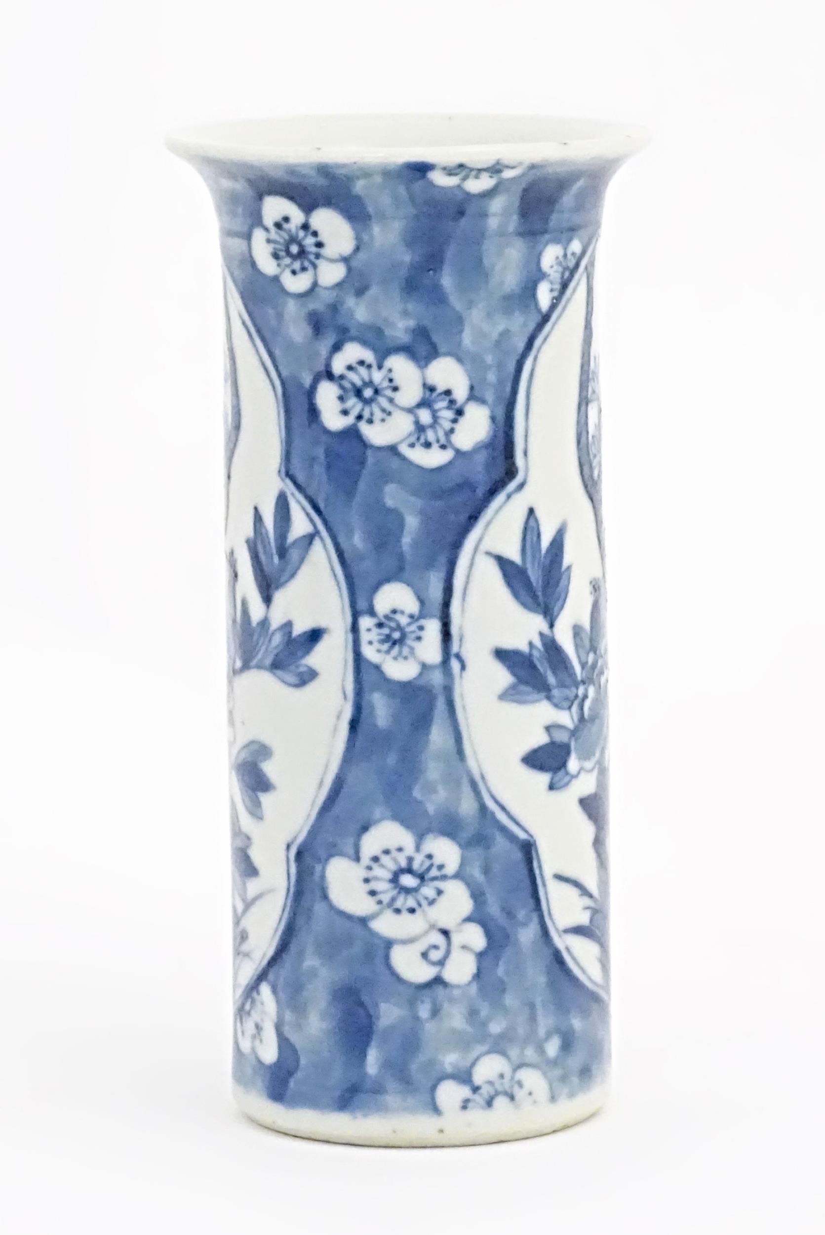 A Chinese blue and white vase of cylindrical form with a flared rim, decorated with birds, flowers - Image 3 of 7