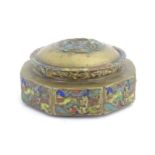 A Chinese lidded box of octagonal form with panelled landscape decoration depicting figures and