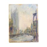 A 20thC oil on board depicting a street scene with a view of Victoria Tower, Westminster. Approx. 4"