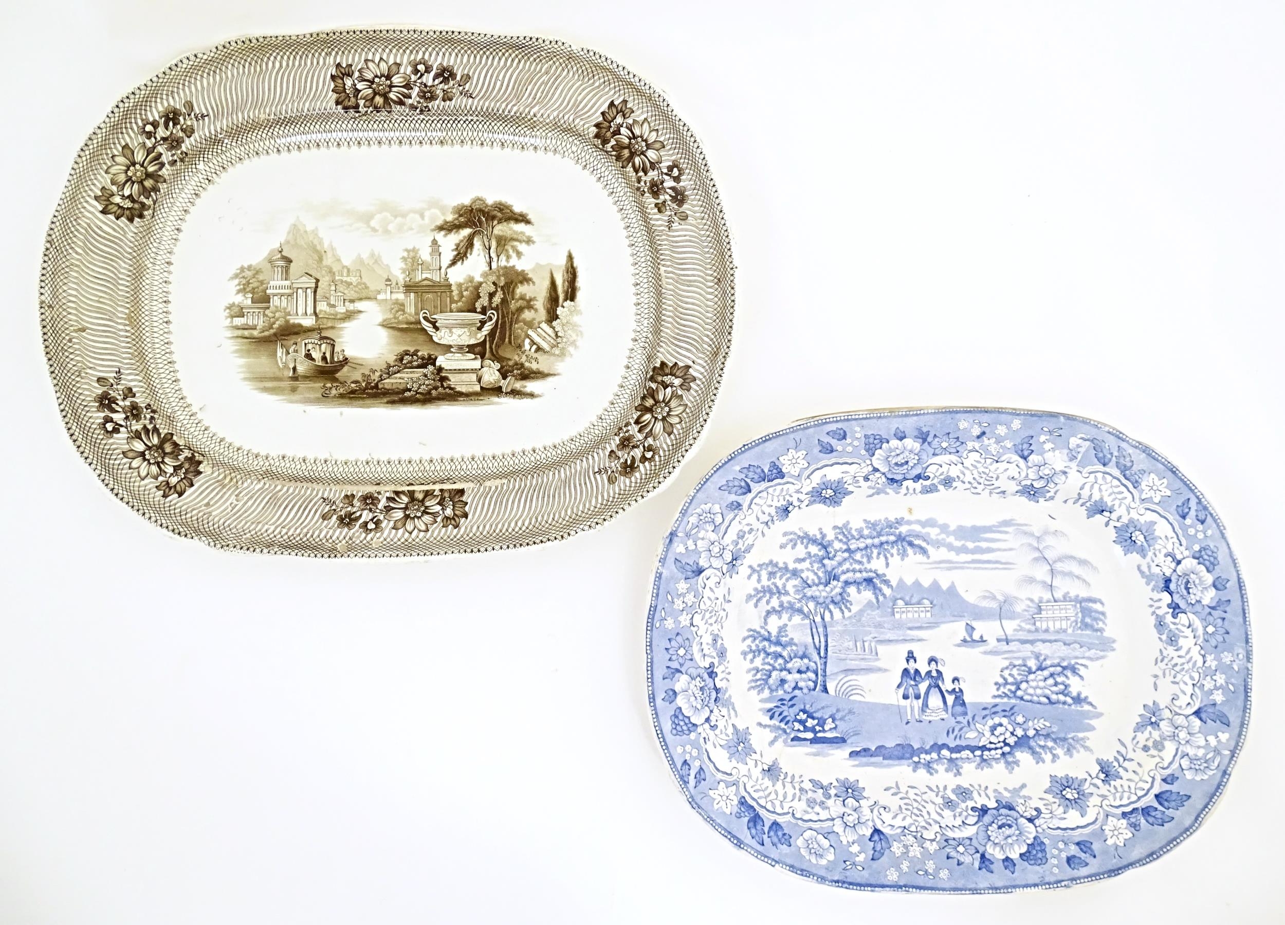 A Victorian blue and white meat plate decorated in the Eton College pattern. Together with a brown