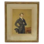 19th century, English School, Watercolour, A portrait of a gentleman holding a top hat. Approx.