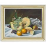 P. Scott, 20th century, Oil on canvas board, A still life study with fruit, melons, oranges,