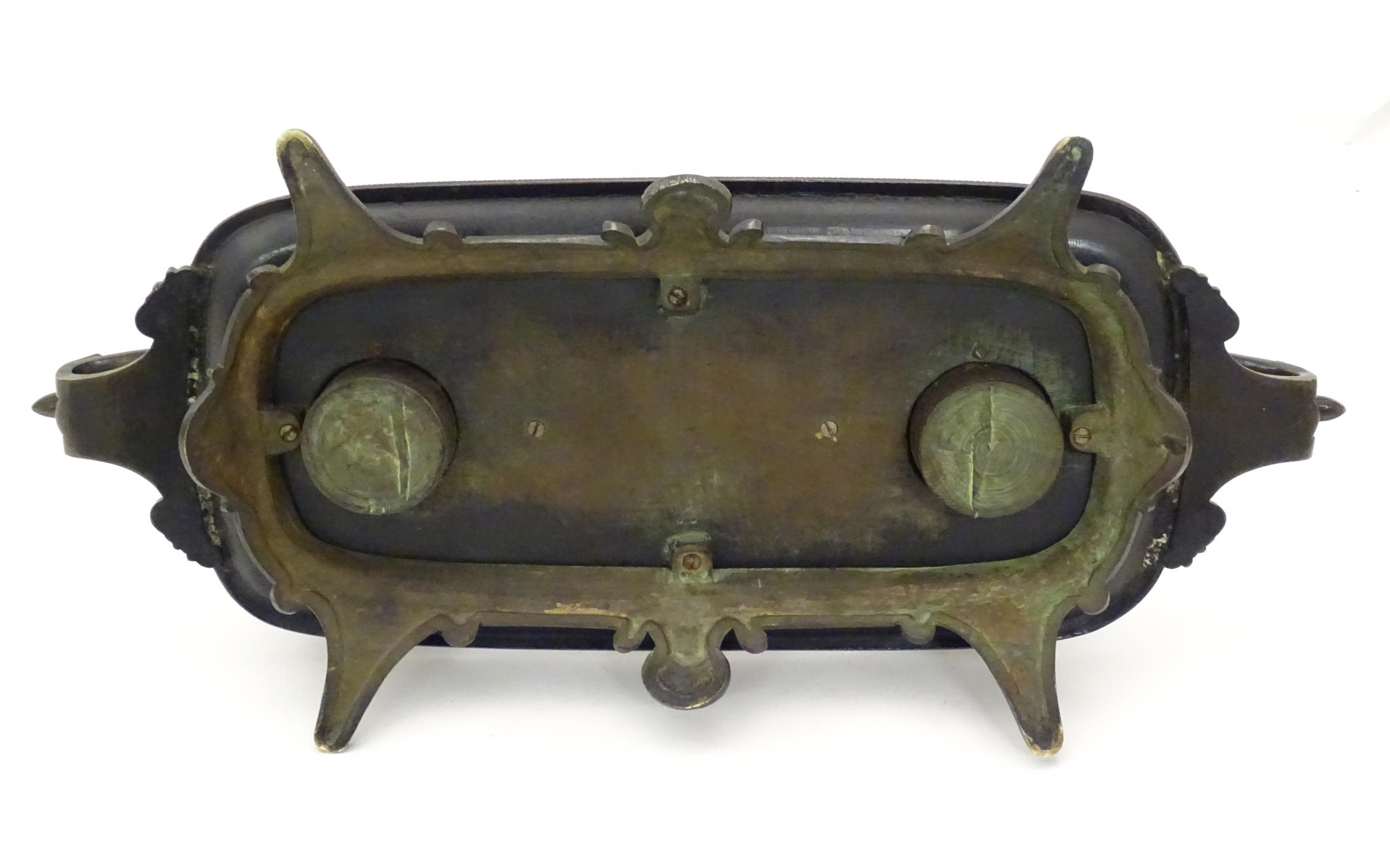 A 19thC Continental bronze desk standish with twin handles modelled with swan heads, the central - Image 2 of 7