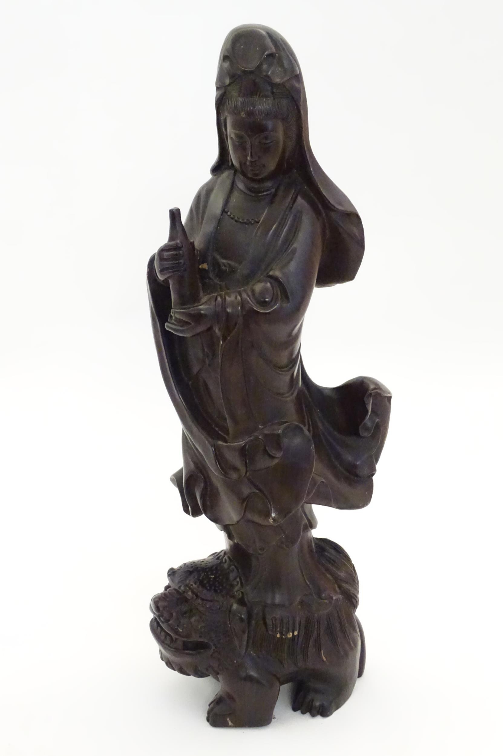 A Chinese carved hardwood model of Guanyin, Bodhisattva of Compassion, holding a bottle and standing - Image 2 of 6