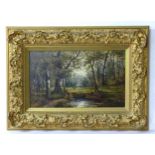 S. William, 19th century, Oil on board, A wooded landscape with a figure gathering wood. Signed
