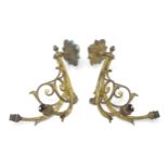 A pair of Arts & Crafts style brass double wall lights, each branch protruding approx 12" Please