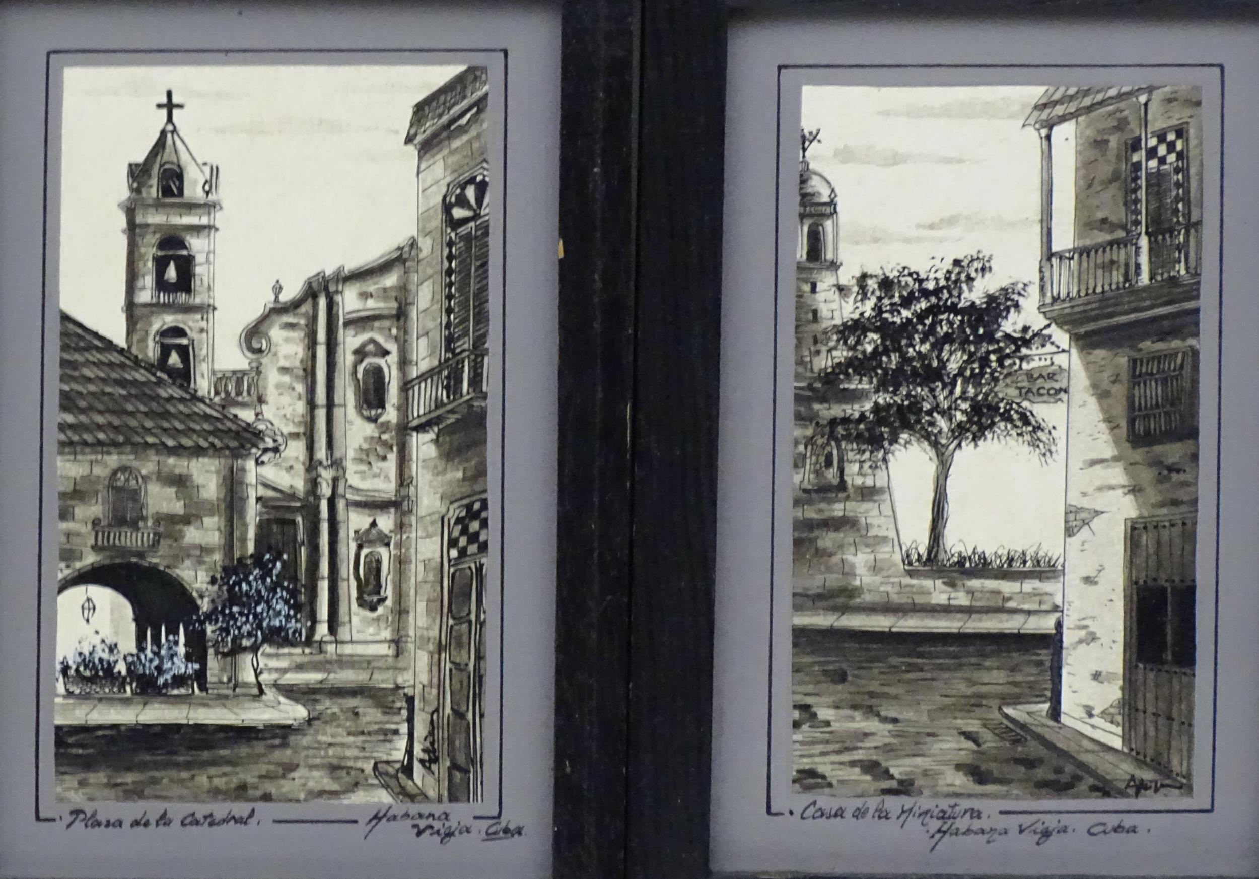 20th century, Five ink sketches depicting street scenes in Habana Vieja, Cuba, to include Casa de la - Image 3 of 7