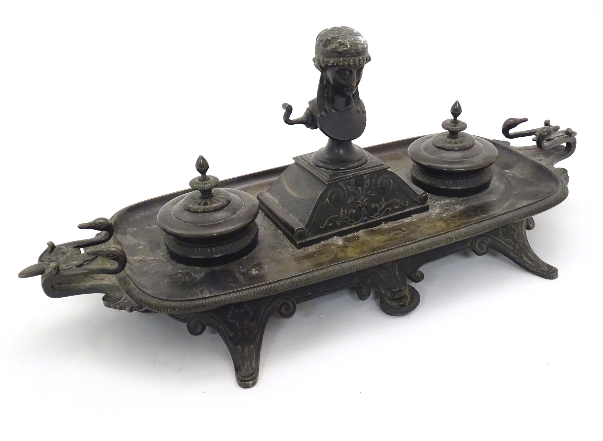 A 19thC Continental bronze desk standish with twin handles modelled with swan heads, the central - Image 3 of 7