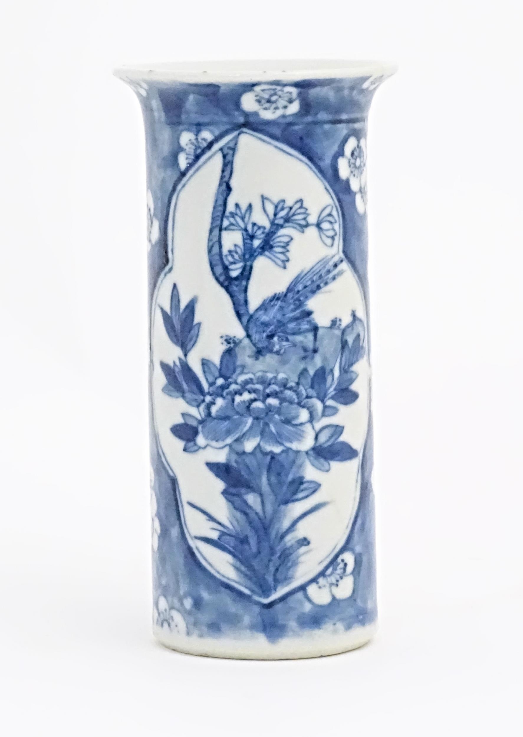 A Chinese blue and white vase of cylindrical form with a flared rim, decorated with birds, flowers - Image 4 of 7