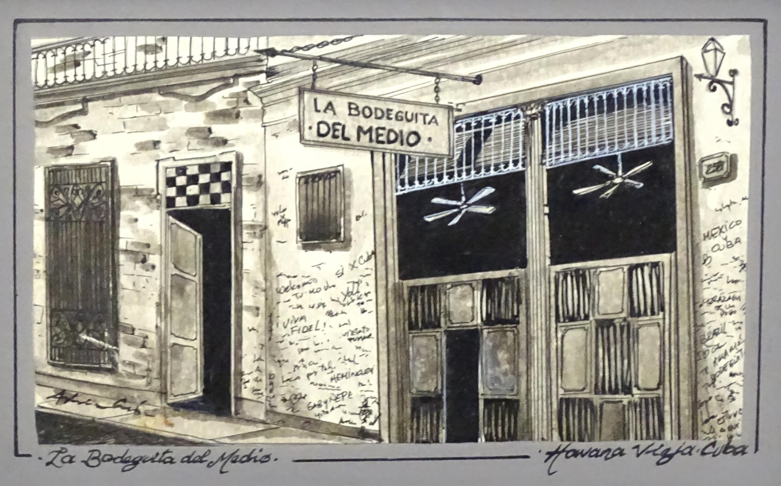 20th century, Five ink sketches depicting street scenes in Habana Vieja, Cuba, to include Casa de la - Image 5 of 7