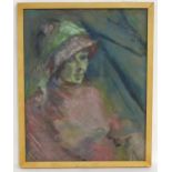 J. F. Slater, 20th century, Oil on board, A portrait of a woman in pink wearing a hat. Ascribed