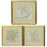Maps: Three 18thC engraved and later hand coloured maps comprising Spain & Portugal, France, and