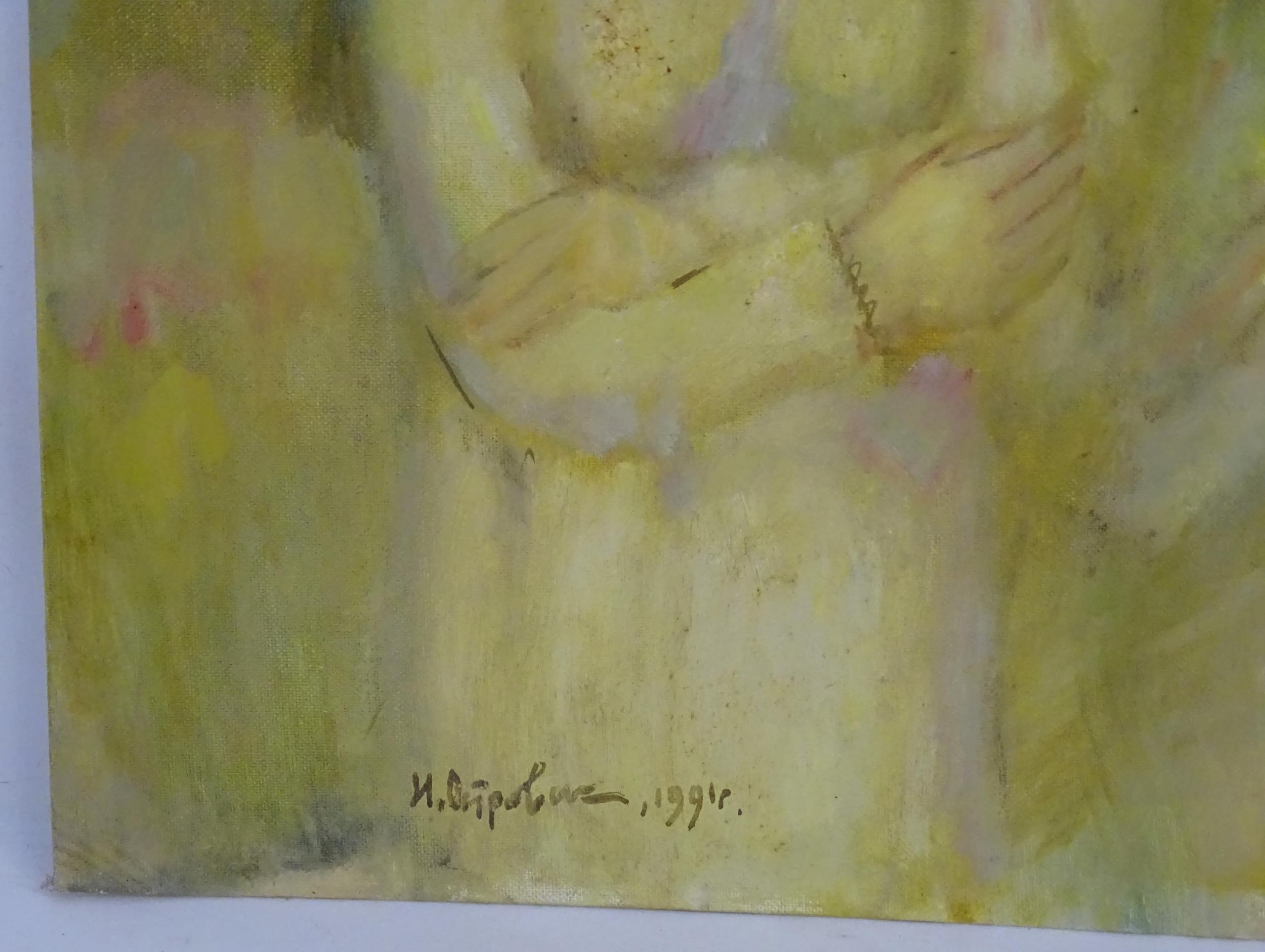 20th century, Oil on canvas board, A portrait of a young couple. Signed in Cyrillic and dated 1991 - Image 4 of 4