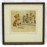 19th century, Watercolour, Three terrier dogs with a bone. Signed with initials MB and dated 1889