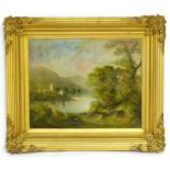 Late 19th century, English School, Oil on board, A mountain lake landscape with figures by a