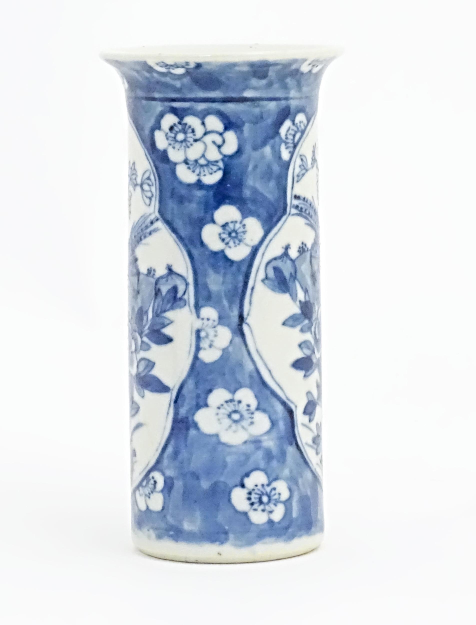 A Chinese blue and white vase of cylindrical form with a flared rim, decorated with birds, flowers - Image 5 of 7