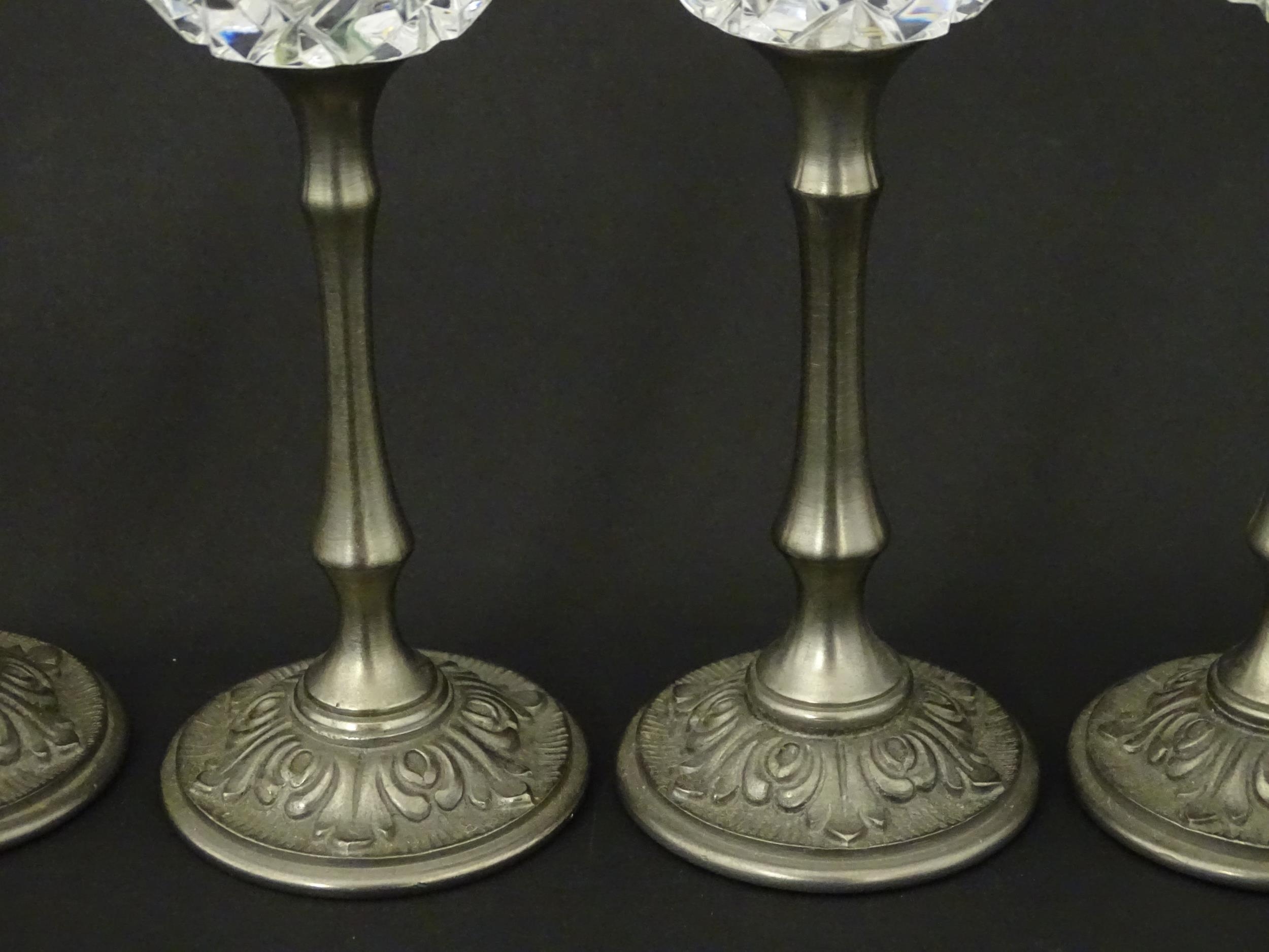 A set of six Italian cut glass champagne flutes raised on pewter stem and foot. Approx 11" high ( - Image 6 of 8