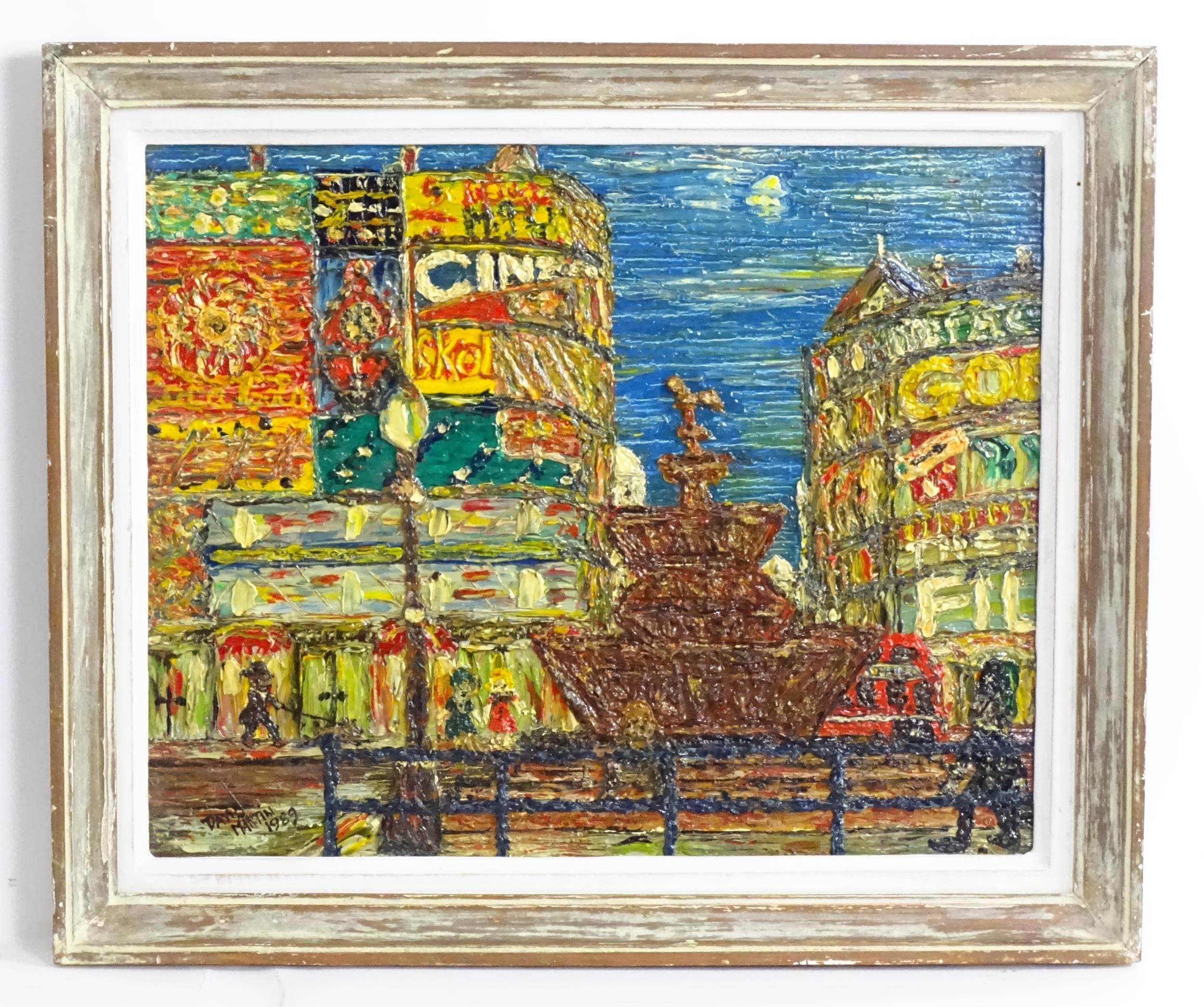 David Martin, 20th century, Oil on board, A London street scene depicting Piccadilly Circus and