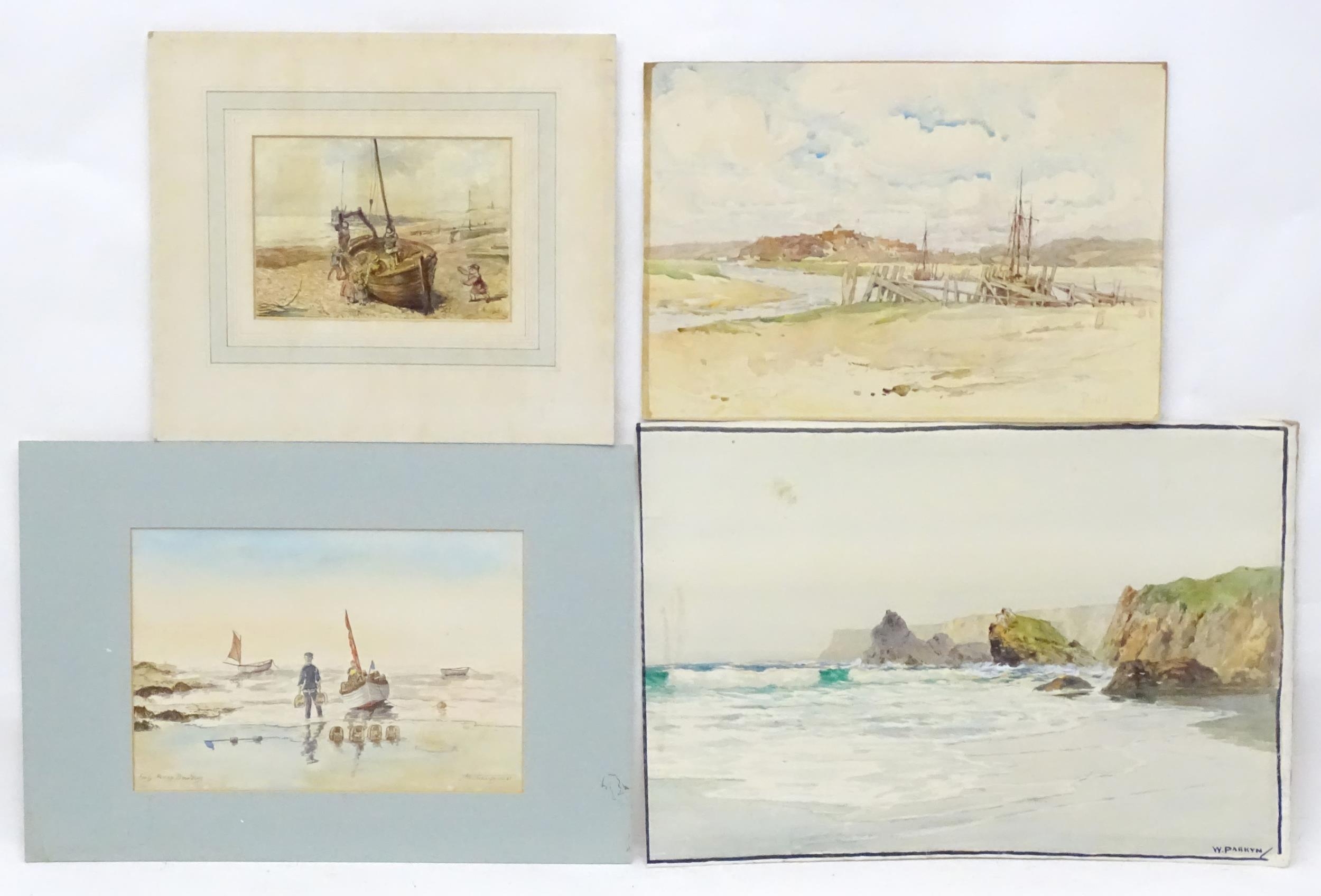 19th / 20th century, Four assorted watercolours comprising a beach scene with children playing on