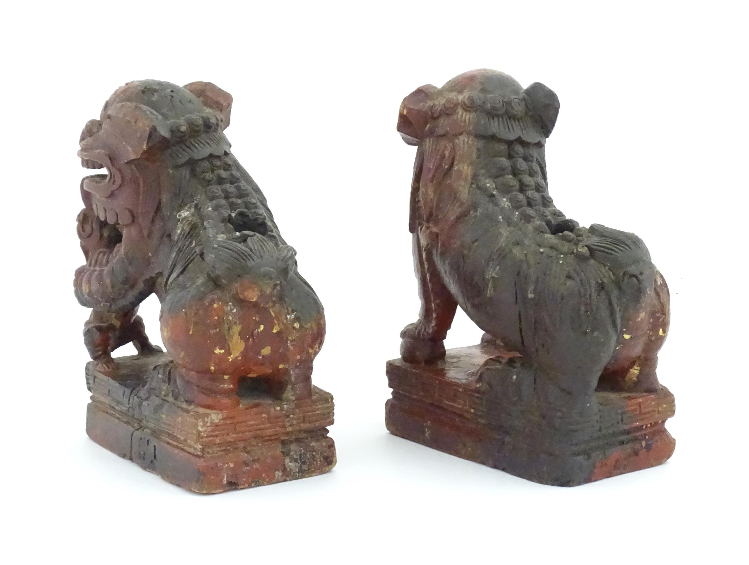 Two Chinese carved wooden foo dogs / guardian lions, one with a cub, the other with a ball, with - Image 7 of 9