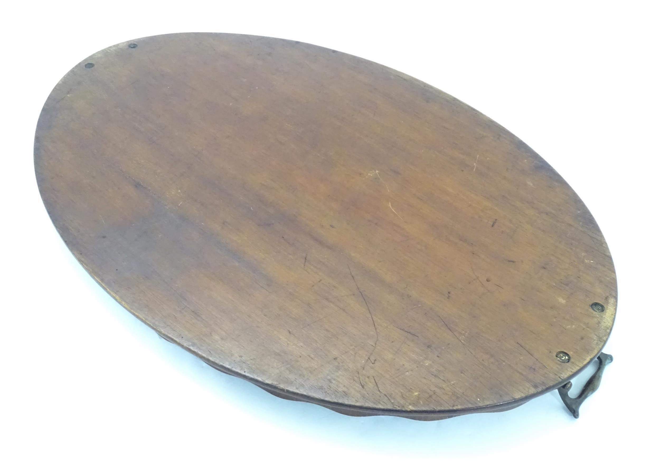 A late 19th / early 20thC mahogany tray of oval form with twin handles and central floral and - Image 2 of 5