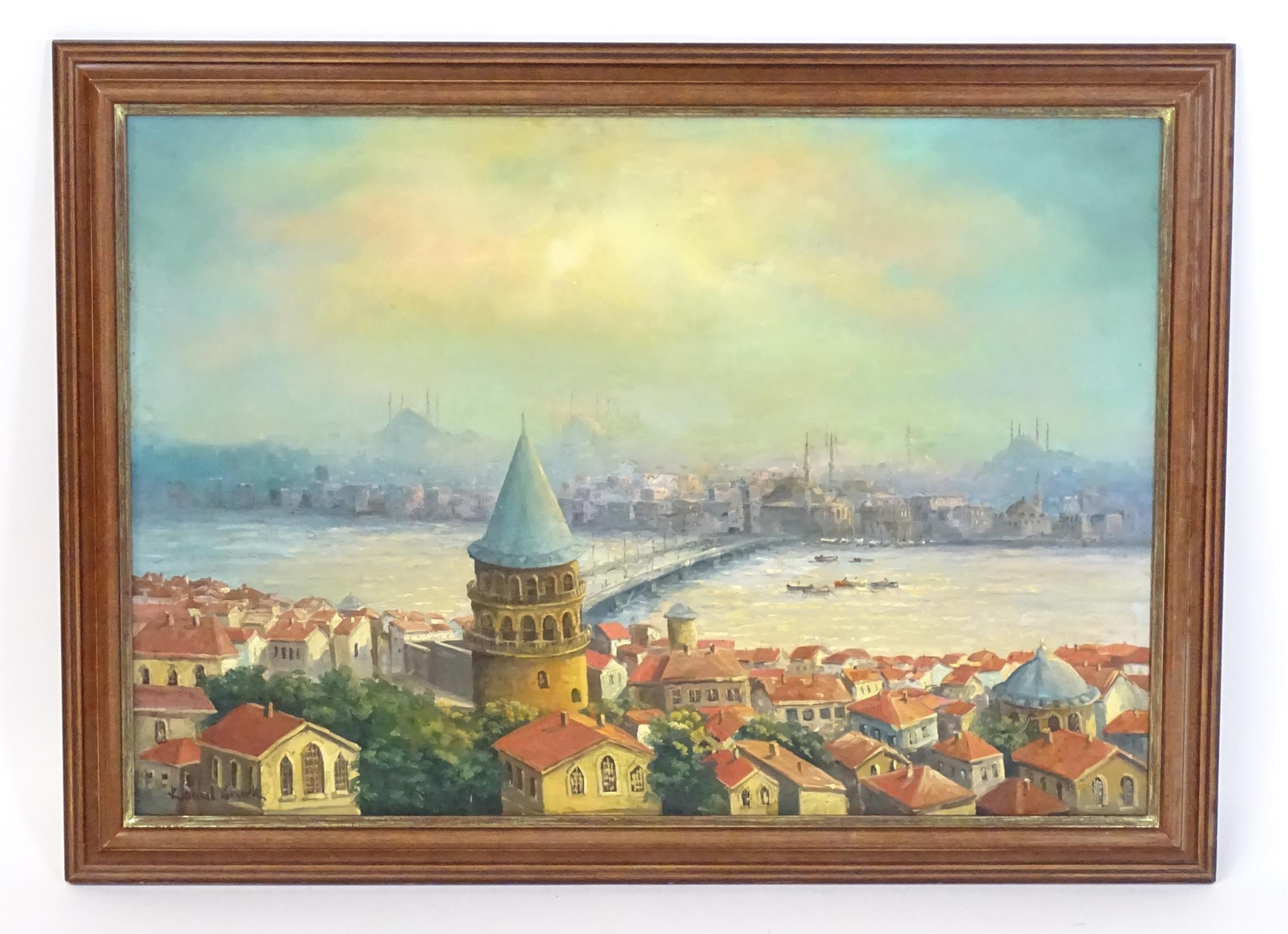 20th century, Oil on canvas, A view of the Galata bridge and tower over the river Bosphorus in