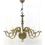 A late 19thC / early 20thC 8-branch chandelier / electrolier / pendant light, the scrolling branches