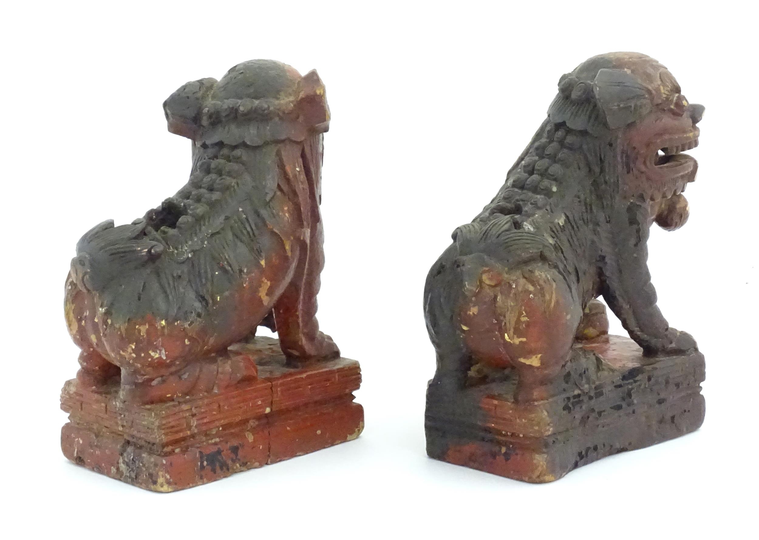 Two Chinese carved wooden foo dogs / guardian lions, one with a cub, the other with a ball, with - Image 6 of 9