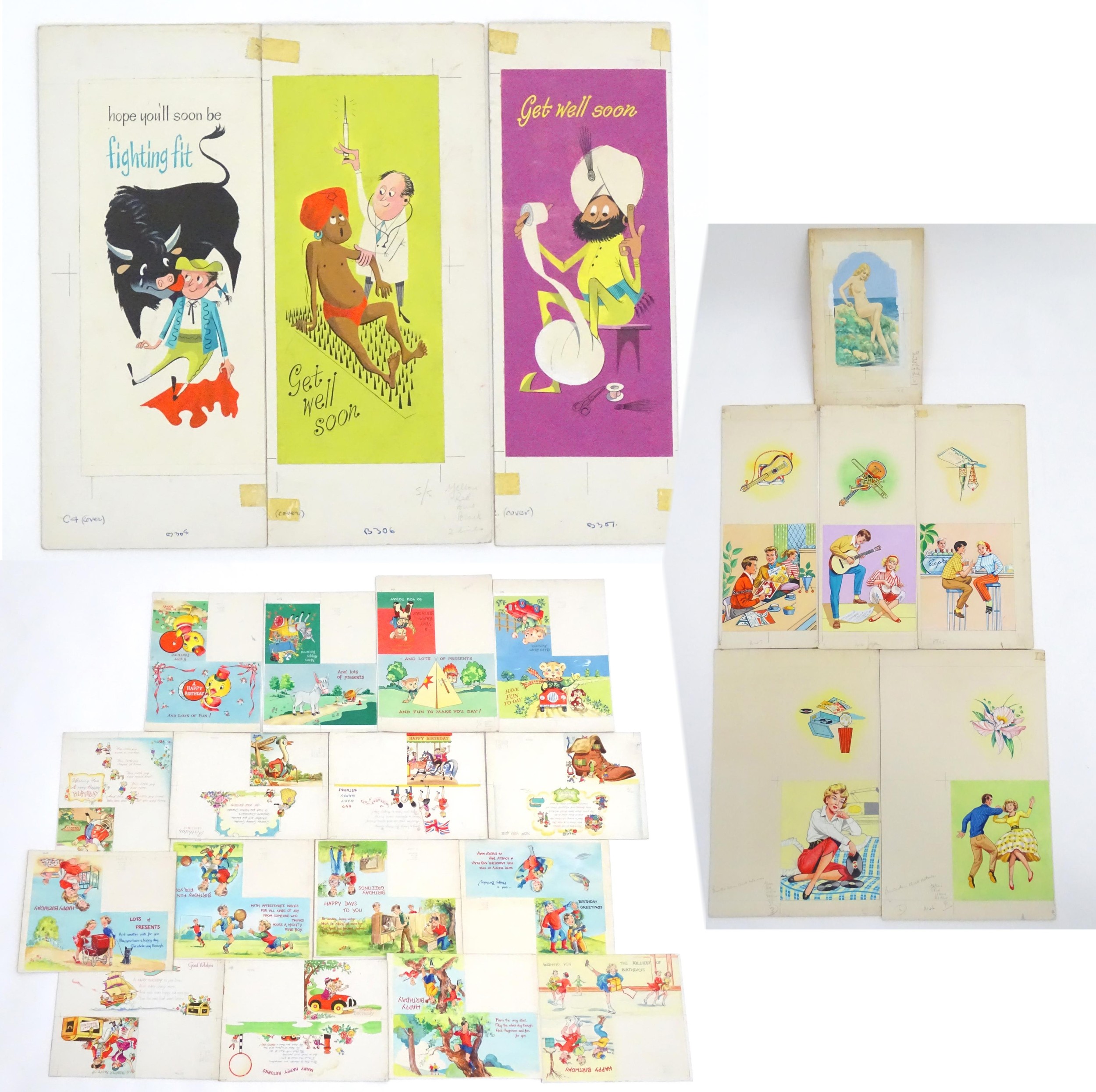 A large quantity of assorted 20th century watercolour, gouache and ink cartoon greeting card /