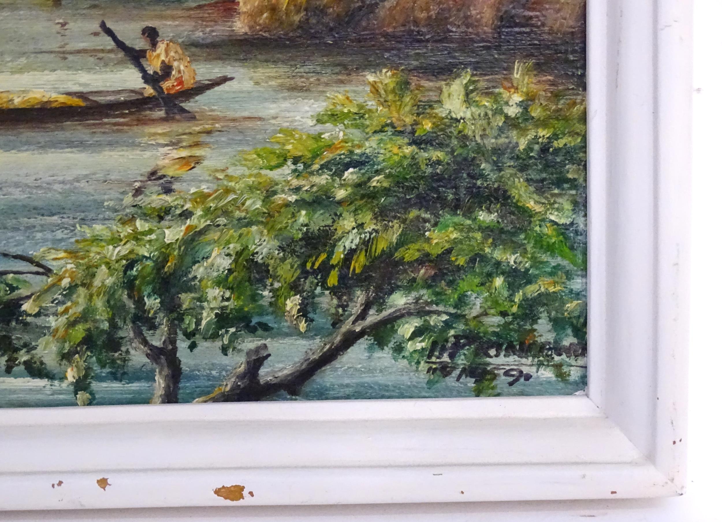 20th century, Oil on board, An African river scene with figures in boats and village beyond. - Image 4 of 4