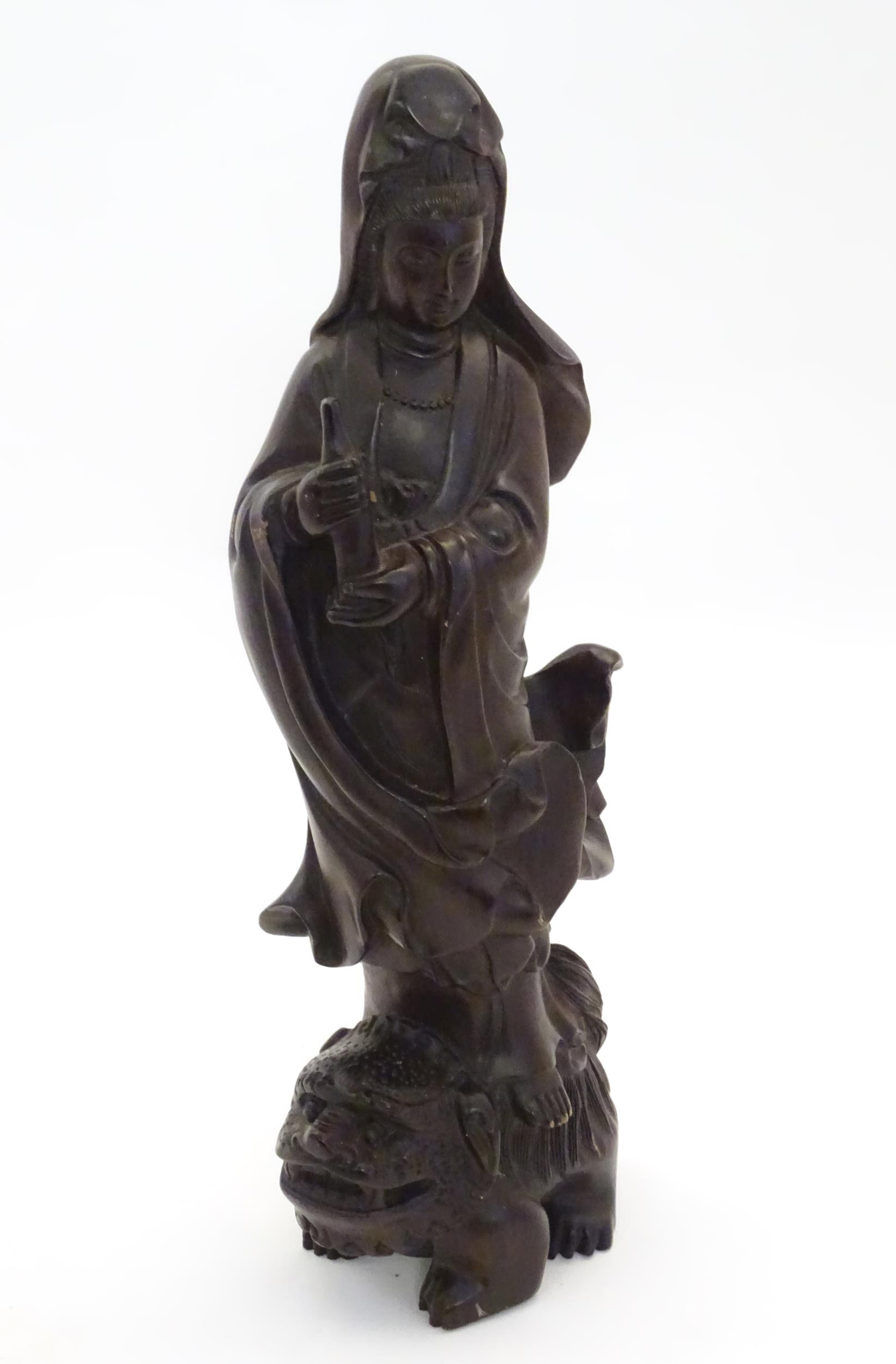 A Chinese carved hardwood model of Guanyin, Bodhisattva of Compassion, holding a bottle and standing - Image 3 of 6