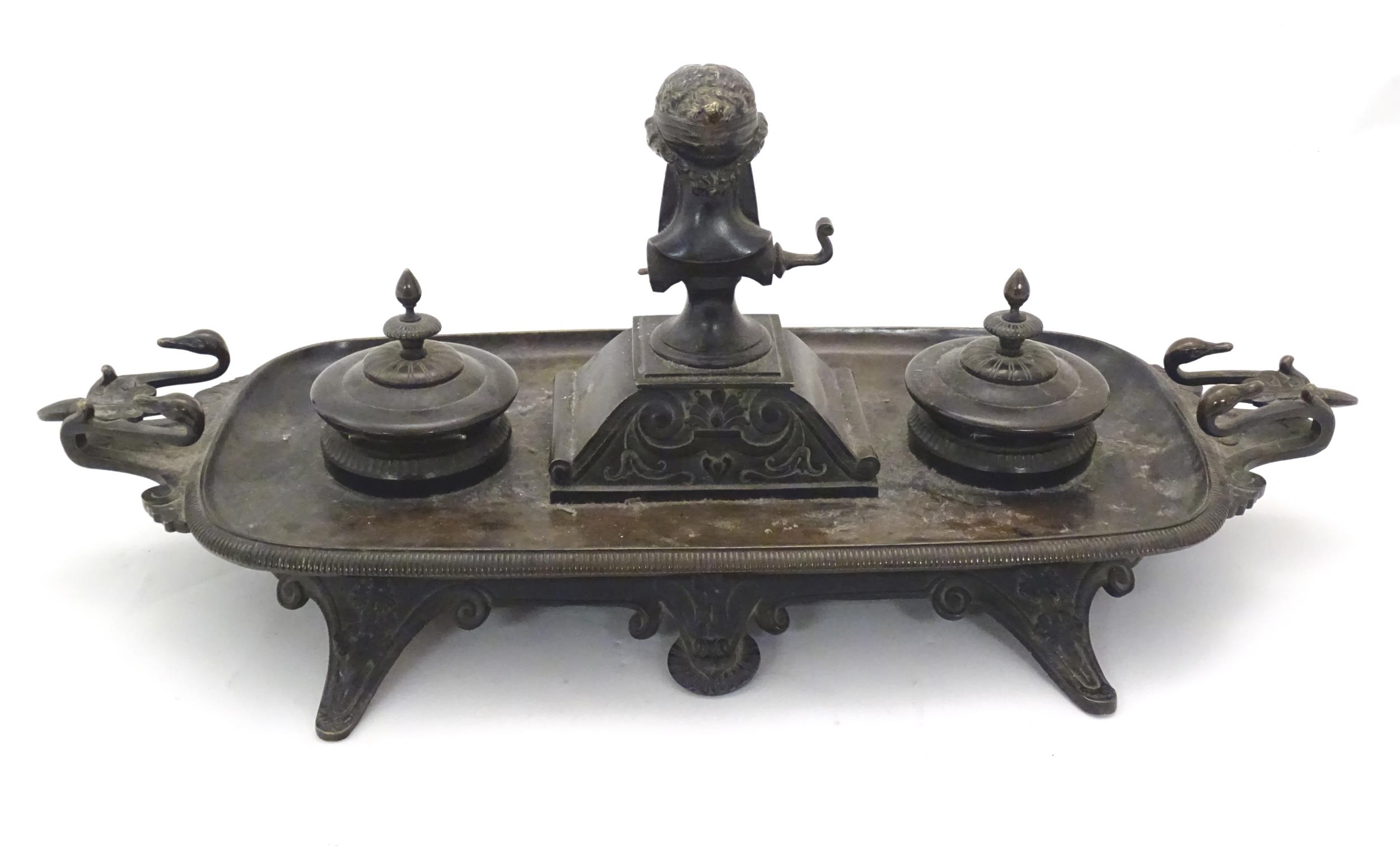 A 19thC Continental bronze desk standish with twin handles modelled with swan heads, the central - Image 7 of 7