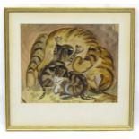 H. Daventine, 20th century, Watercolour, A study of a cat with kittens. Signed lower right.