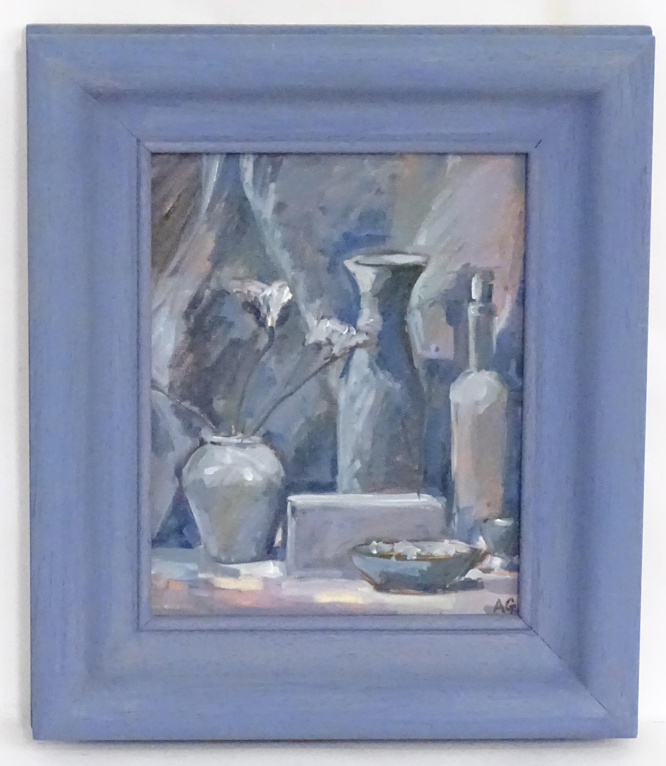 Annette Griffiths, 20th century, Oil on canvas board, Still life study in blue, with flowers, vases, - Image 3 of 4