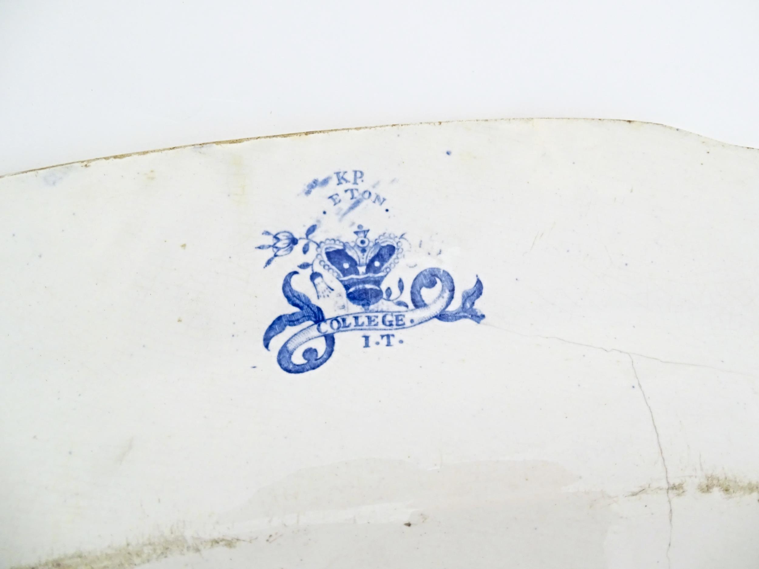 A Victorian blue and white meat plate decorated in the Eton College pattern. Together with a brown - Image 4 of 6