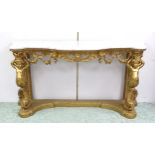 A 19thC marble topped console table with figural cherub caryatids of giltwood and gesso